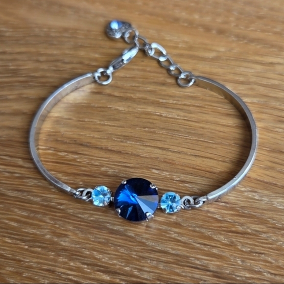 Rhodium Bar Bracelet, Blue Crystals, Hand Crafted - Picture 3 of 8